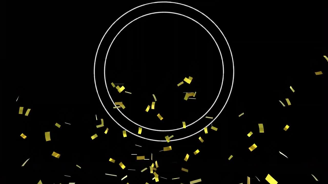 Animazione di cerchio bianco e coriandoli dorati che cadono su sfondo nero