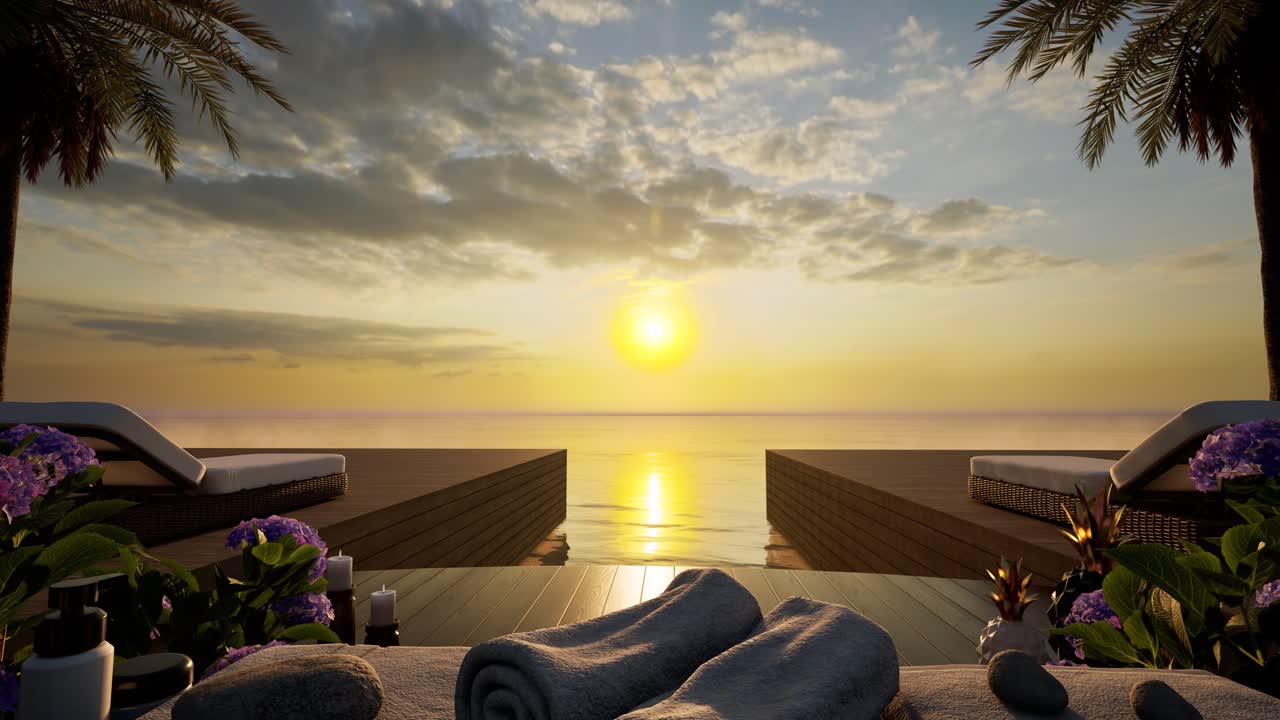 Spa wellness setting 3 with palms, flowers, towels, healing rocks, and spa treatment creams on wooden surface, on sunset, 3D animation, SPA salon treatment, relaxation