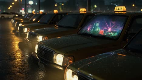 a rainy night scene featuring a line of taxis with bright neon lights reflecting on their windshields, creating a dreamy urban atmosphere