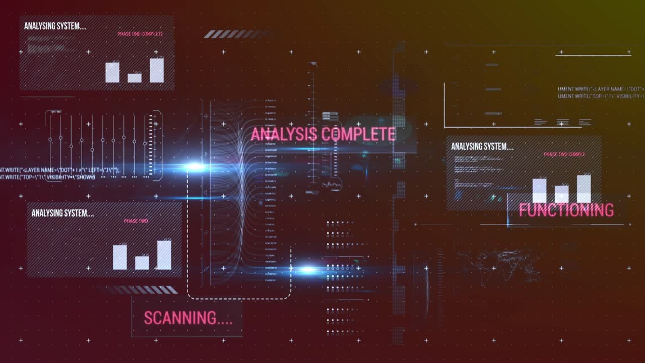 Animation of interface with data processing and blue light spots against grey background