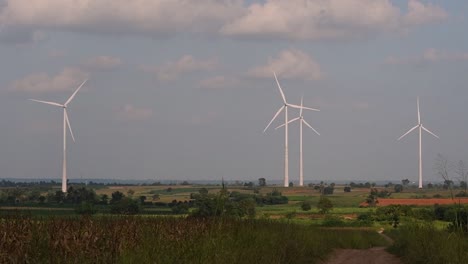 wind turbines towering farmlands, as farmers grow their crops and tend their animals; clean alternative energy in thailand and mainland southeast asia.