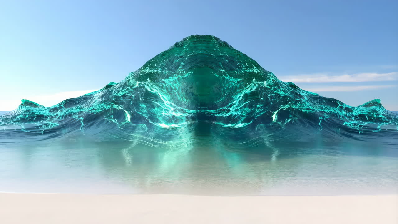 Giant Teal Wave Cresting Over a Sandy Beach