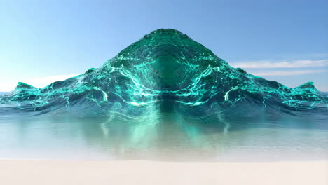 giant teal wave cresting over a sandy beach