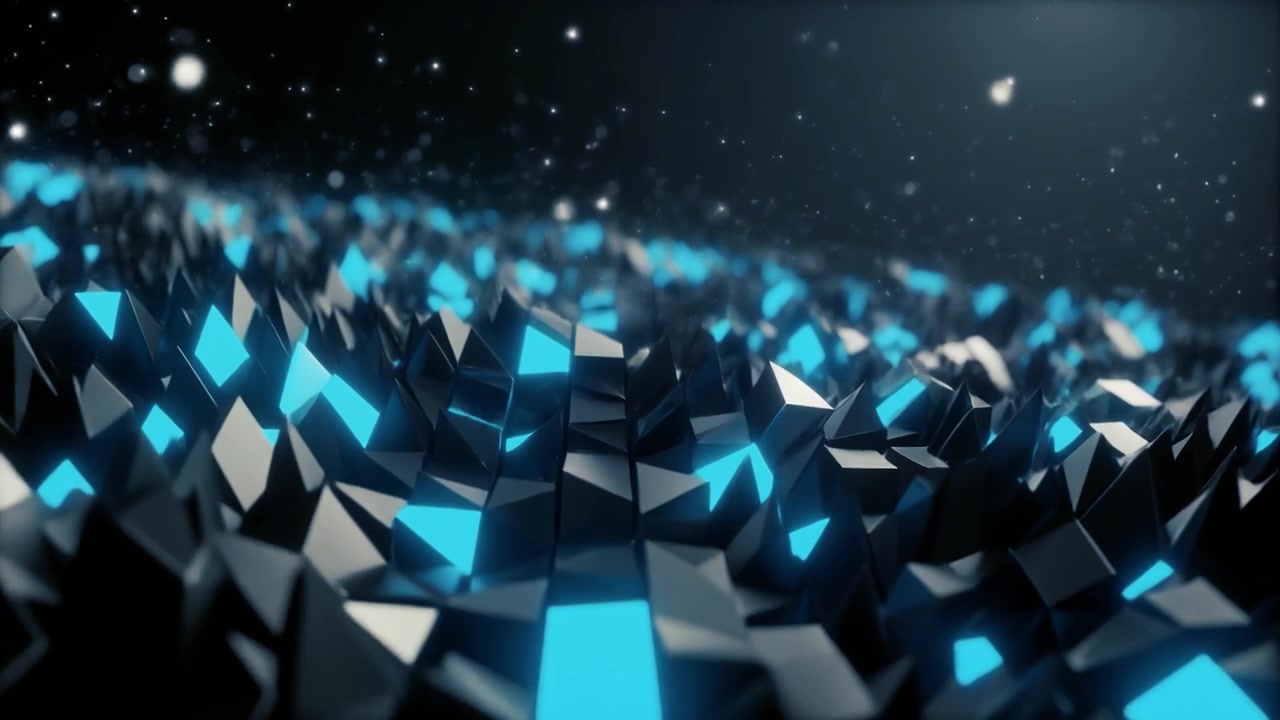 Abstract 3D Geometric Surface with Glowing Blue Light Particles