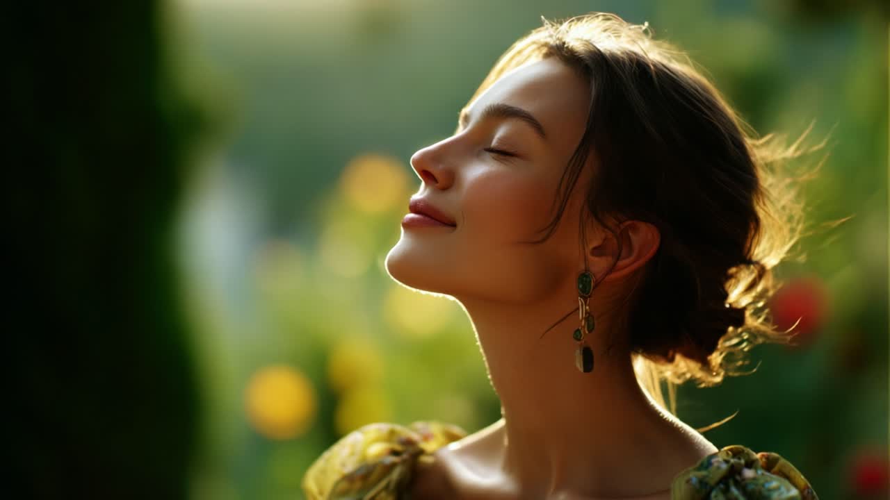 A Serene Moment in Nature: Captivating Female Reflection Amidst Lush Background, Evoking Joy and Peace with Soft Lighting and Graceful Pose