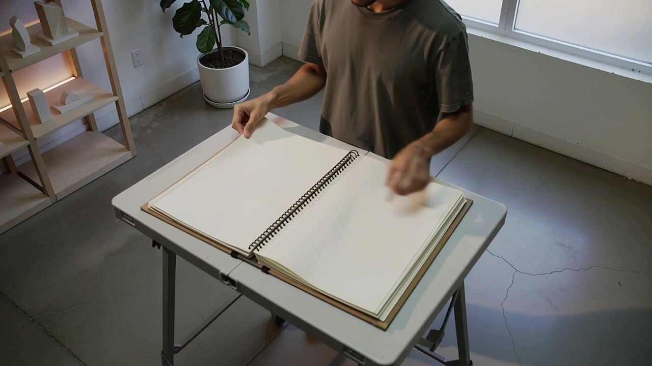 Reaching, man turning and smoothing sketchbook pages at folding table in studio, preparing drawing
