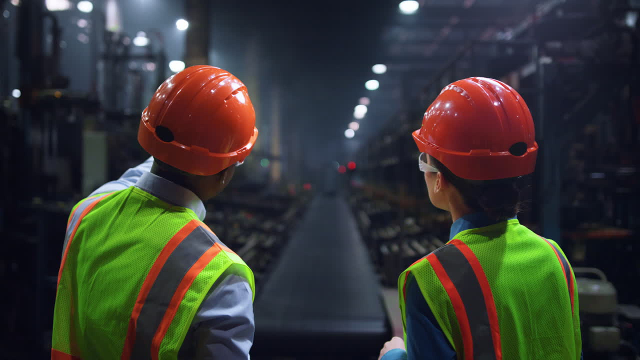 집중된 엔지니어들이 거대한 에너지 제조 타이어 공장에서의 일을 논의하고 있습니다.