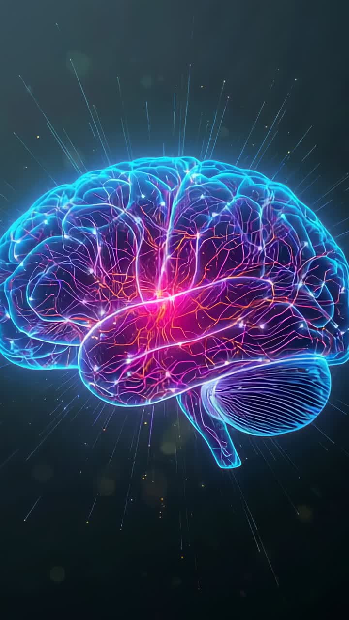 Video verticale: cervello rotante all'inizio nel vuoto, nucleo rosa pulsante, cervelletto, tronco encefalico che mimano
