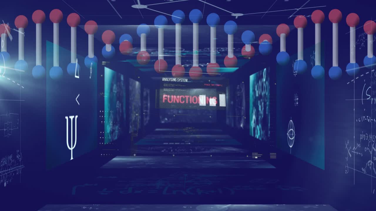 파란색 배경 위의 데이터 처리 및 dna  ⁇ 의 애니메이션