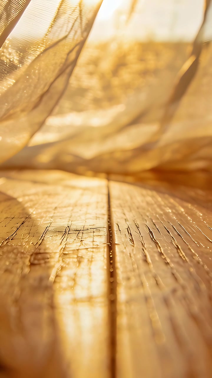 Video verticale: Asse di legno luminosa che riflette la luce del sole sul pavimento, brezza che muove la tenda attraverso la finestra.
