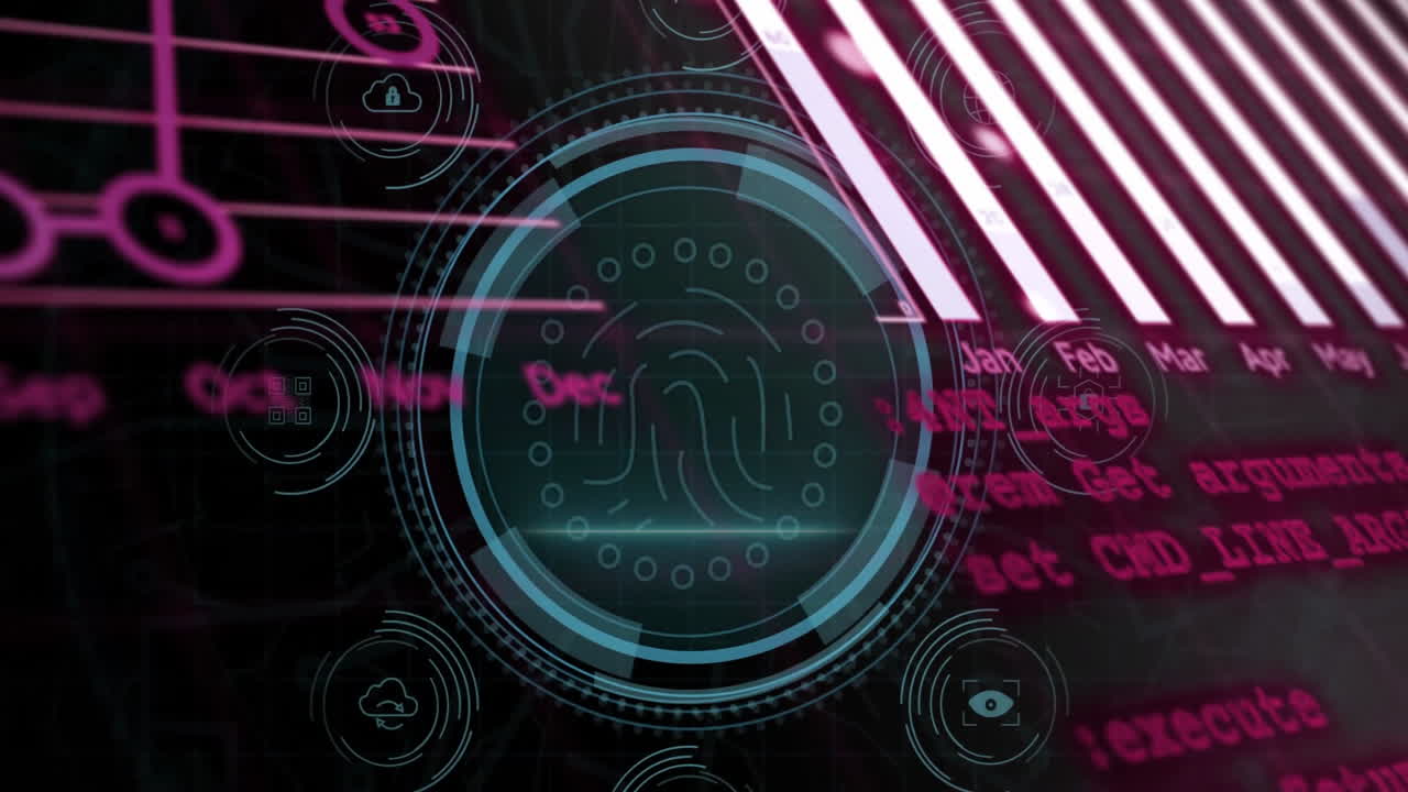 escaneo de huellas dactilares y animación de procesamiento de datos a través de una interfaz digital futurista