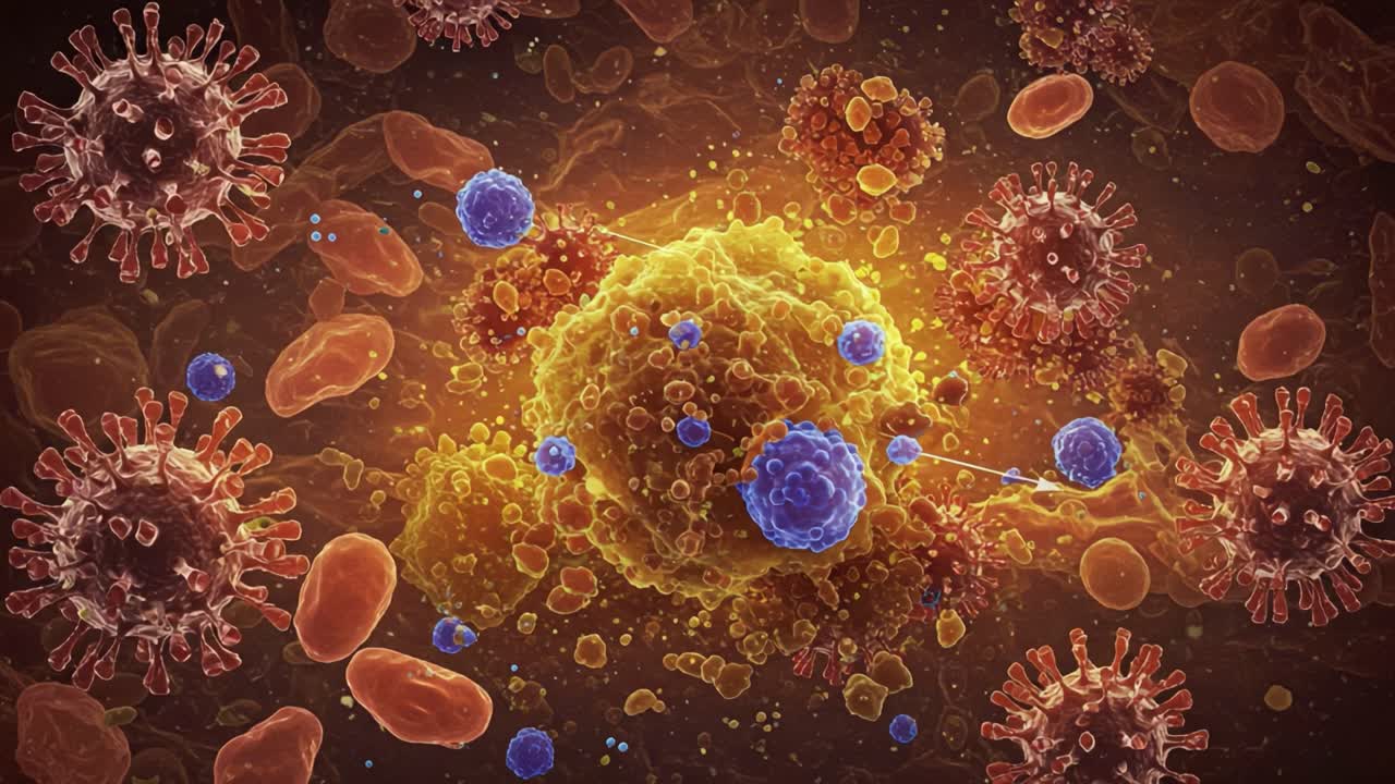 Visual Representation of Cellular Interaction: A Dynamic Scene Illustrating Immune Response, Pathogens, and Cellular Activity Under a Microscope