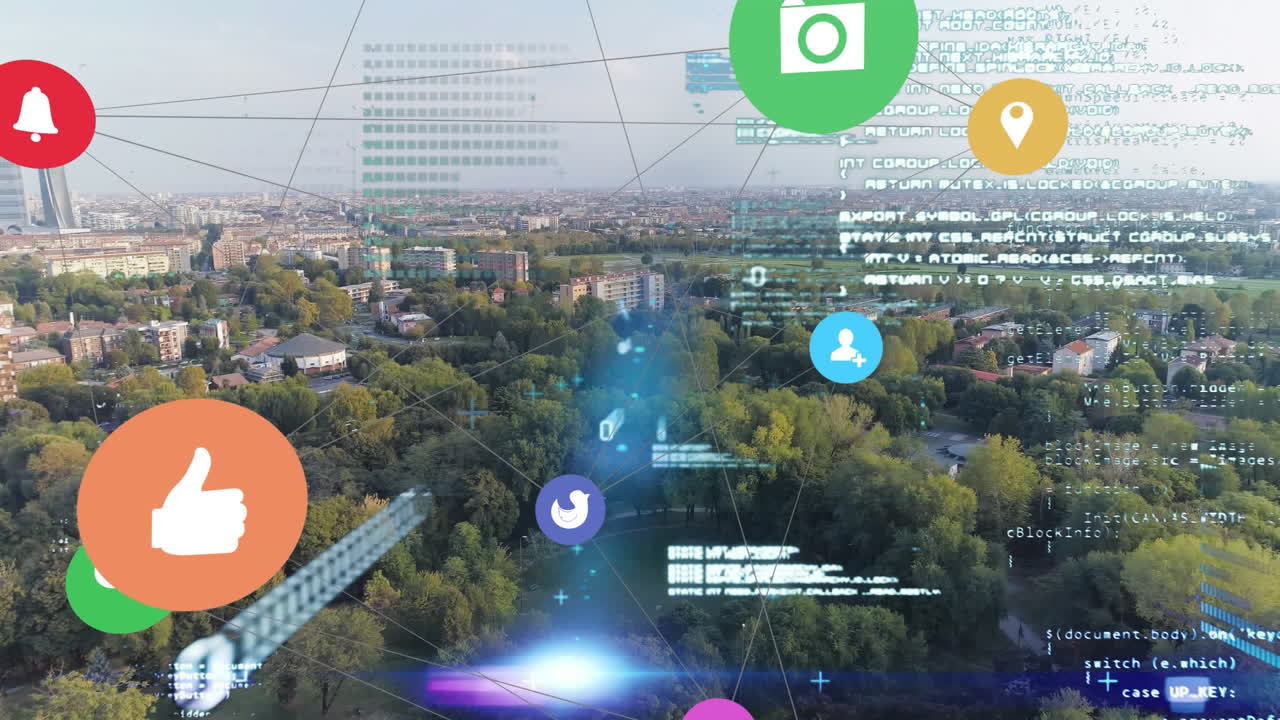 연결 아이콘의 웹과 도시의 공중 전망에 대한 데이터 처리