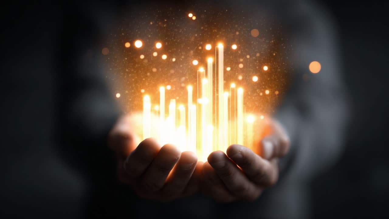 A captivating visual representation of growth and potential, depicted through glowing bars held delicately in a person's hands, symbolizing data, creativity, and innovation