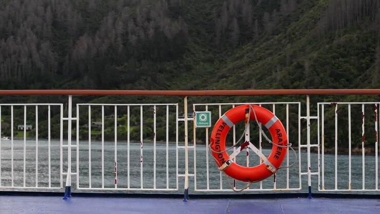Lifebuoy on the deck of a ferry in Wellington, New Zealand