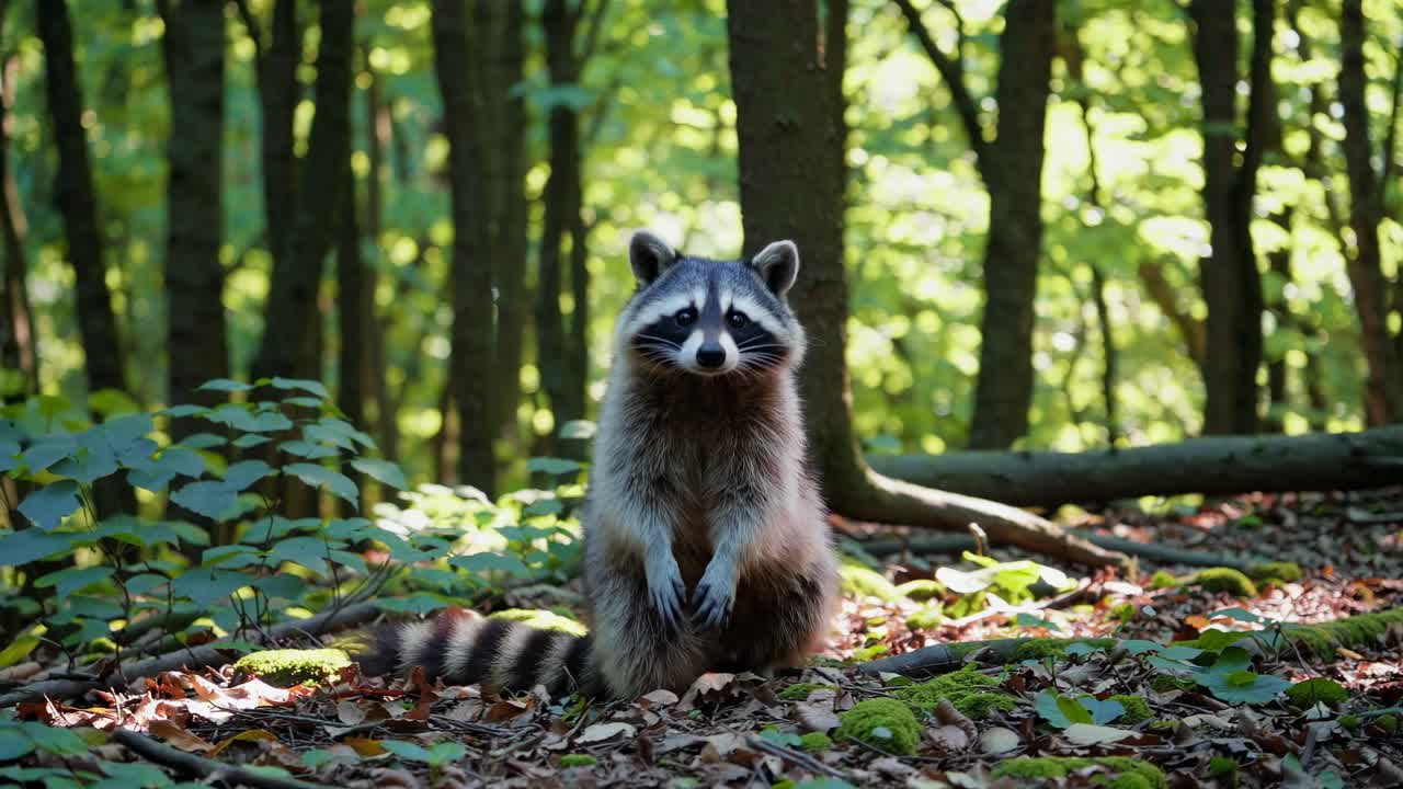 A raccoon stands alert in a sunlit forest, captured from a low-angle, creating a nature documentary