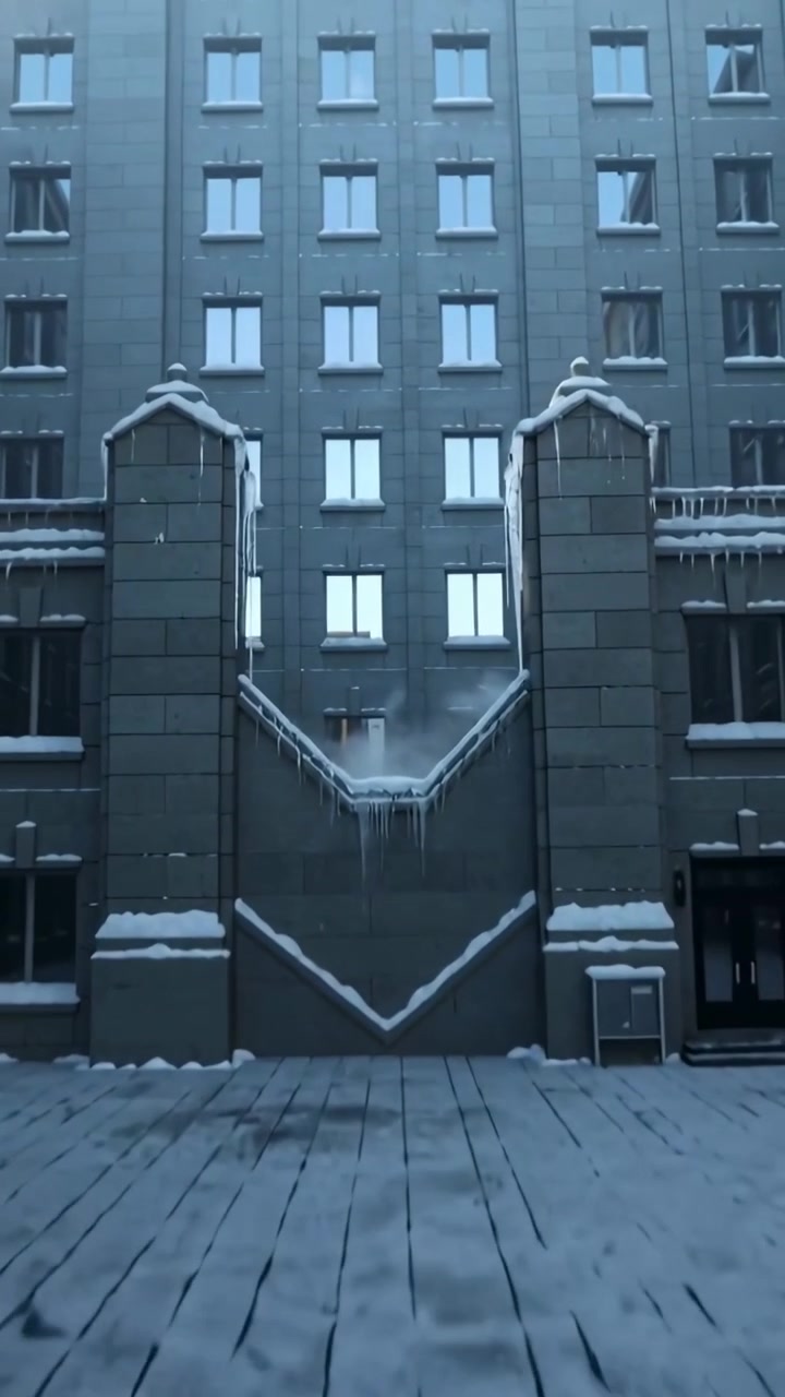 Video verticale: Cornice centrale a V che scarica neve e ghiaccioli nel cortile a causa del peso
