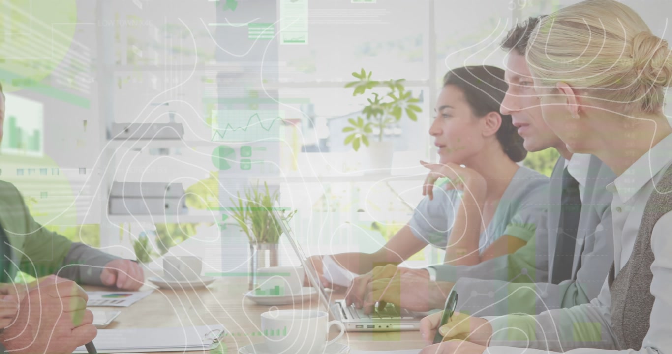 Screens with data processing and topography over group of diverse businesspeople in meeting room