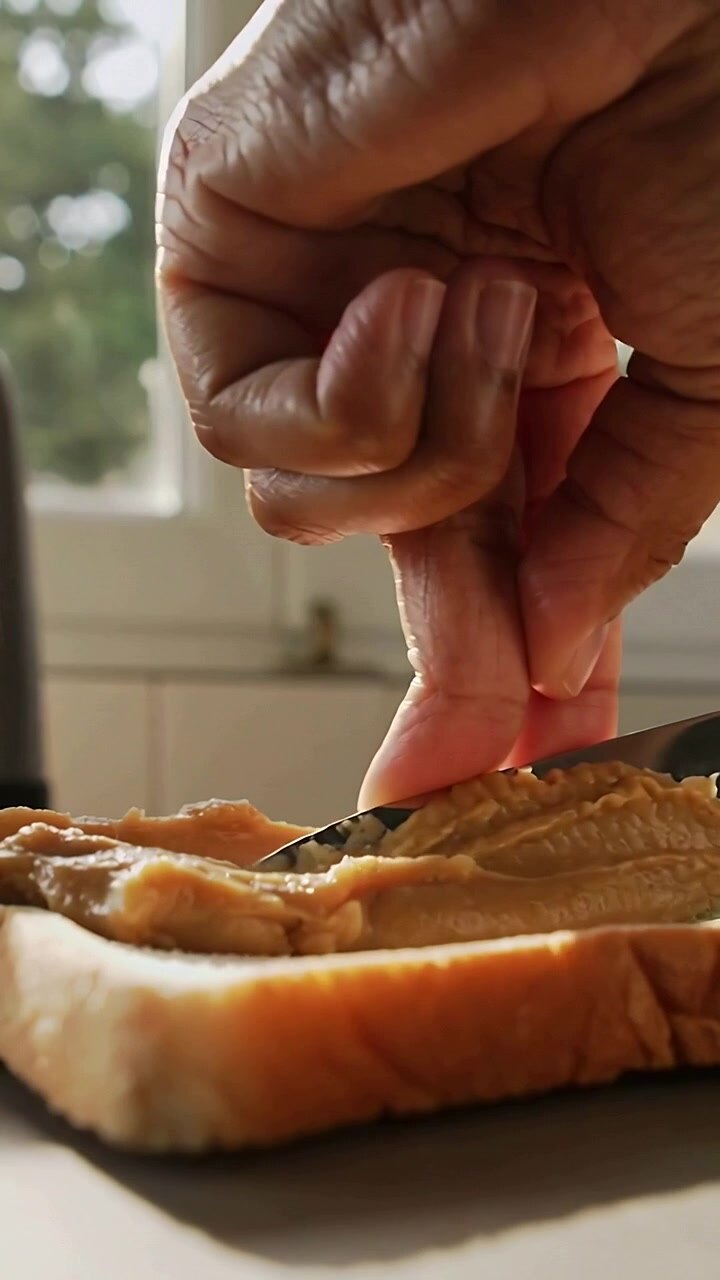 Vertical video: Placing knife, hands spreading peanut butter on bread at kitchen window for snack