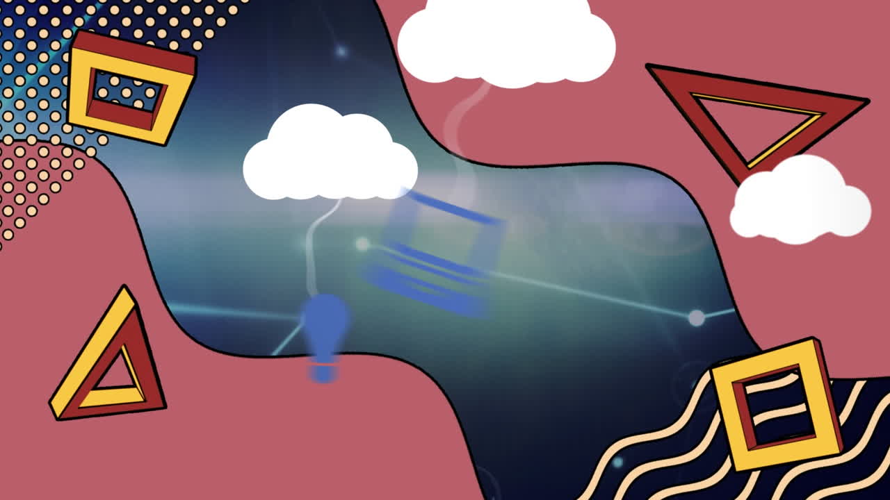 Abstract shapes and cloud icons against network of connections against green background