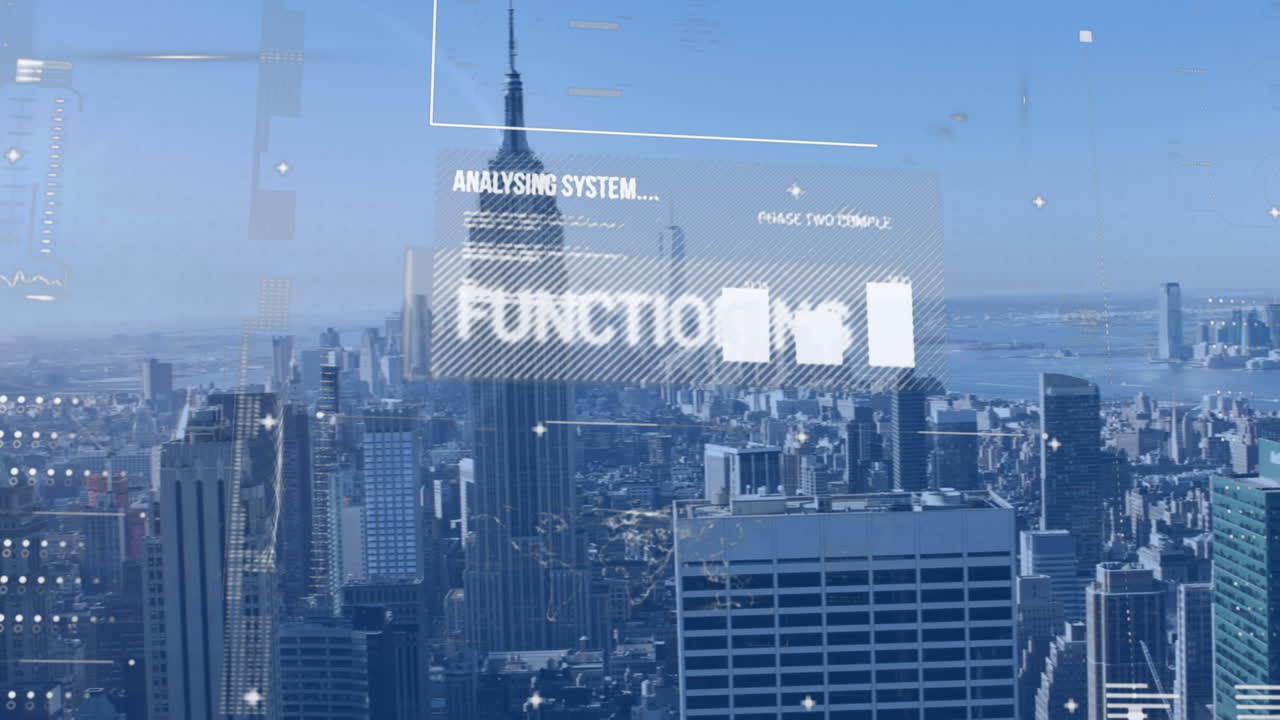 디지털 인터페이스와 데이터 처리가 도시 풍경의 공중 전망에 맞춰져 있습니다.