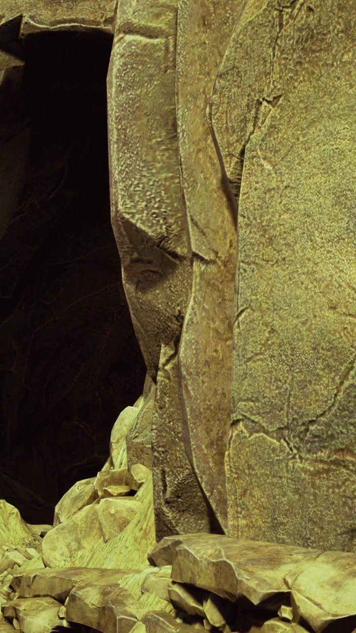 Formazioni rocciose in una grotta con texture ruvide e ombre a mezzogiorno
