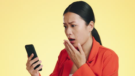 asian woman, phone and shocked for bad news