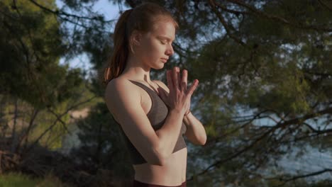 young woman performing standing yoga pose, peaceful sunrise morning zen flow