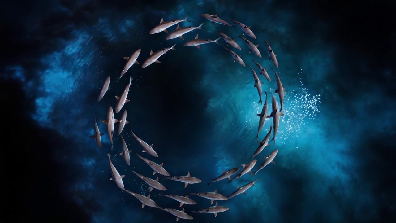 En fascinerende undervandsscene, der viser en fiskestime svømmende i en cirkulær formation, oplyst af levende blåt lys, hvilket skaber en fredfyldt havstemning.