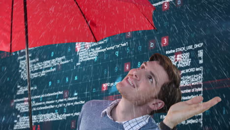 animation of caucasian man using an umbrella with processing data appearing in background