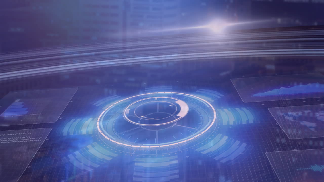 미래의 데이터 처리, 도시 풍경 배경에 대한 원형 인터페이스 애니메이션