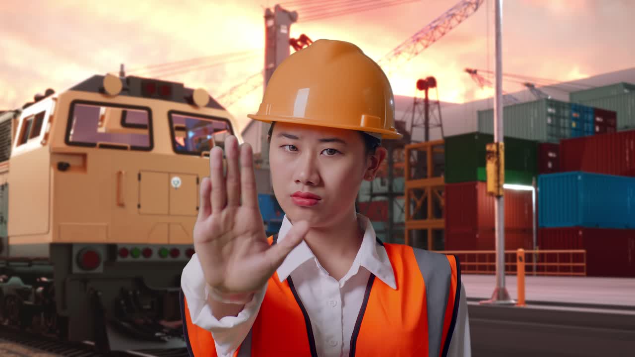 Close Up Of Asian Female Engineer With Safety Helmet Disapproving With No Hand Sign With Freight Cargo Train At Port