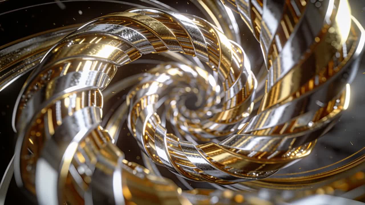Telecamera che avanza su un'elica oro-argento in rotazione, che trascina lo spettatore in un vortice con pulviscolo in movimento per la tecnologia.