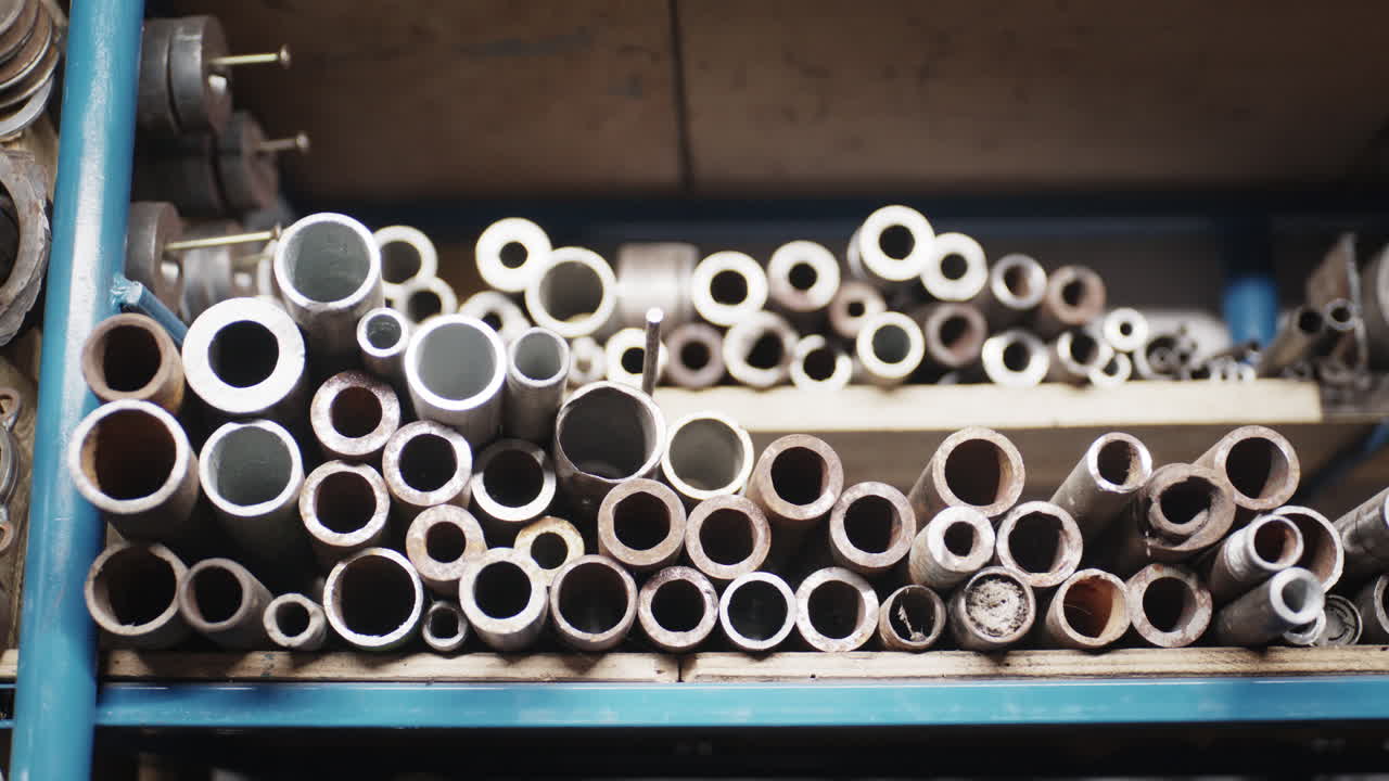 Nærbilder av lagerhyller i et industrielt metallverksted fylt med rå stålrør, solide stenger og presisjonsverktøy.