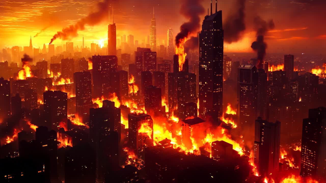 밤에 도시 한가운데에 불타고 있는 도시