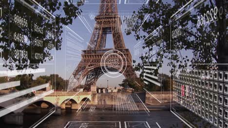 animation of data processing over paris cityscape with eiffel tower