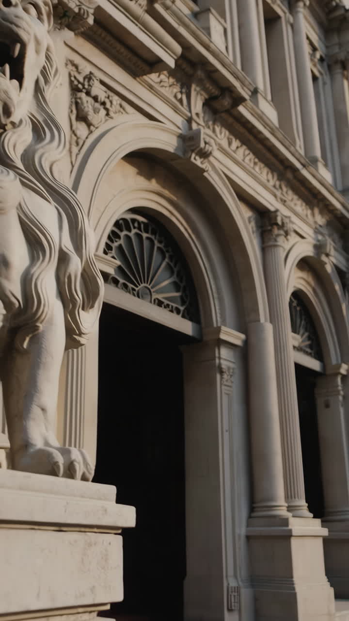 Stone Lion Statue in front of a Classical Building