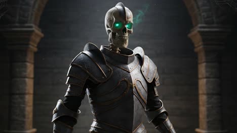 a mysterious armored skeleton with glowing green eyes in a dark medieval setting, surrounded by stone walls and webs, exuding an aura of ancient power and enigma