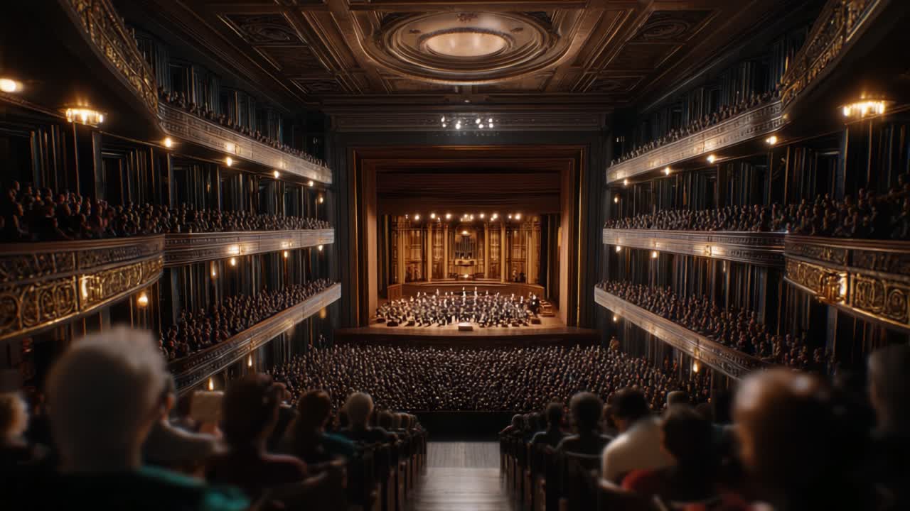 Una serata incantevole al Grande Teatro: uno spettacolo accattivante con un'orchestra imponente immersa in luci calde davanti a un pubblico estasiato.