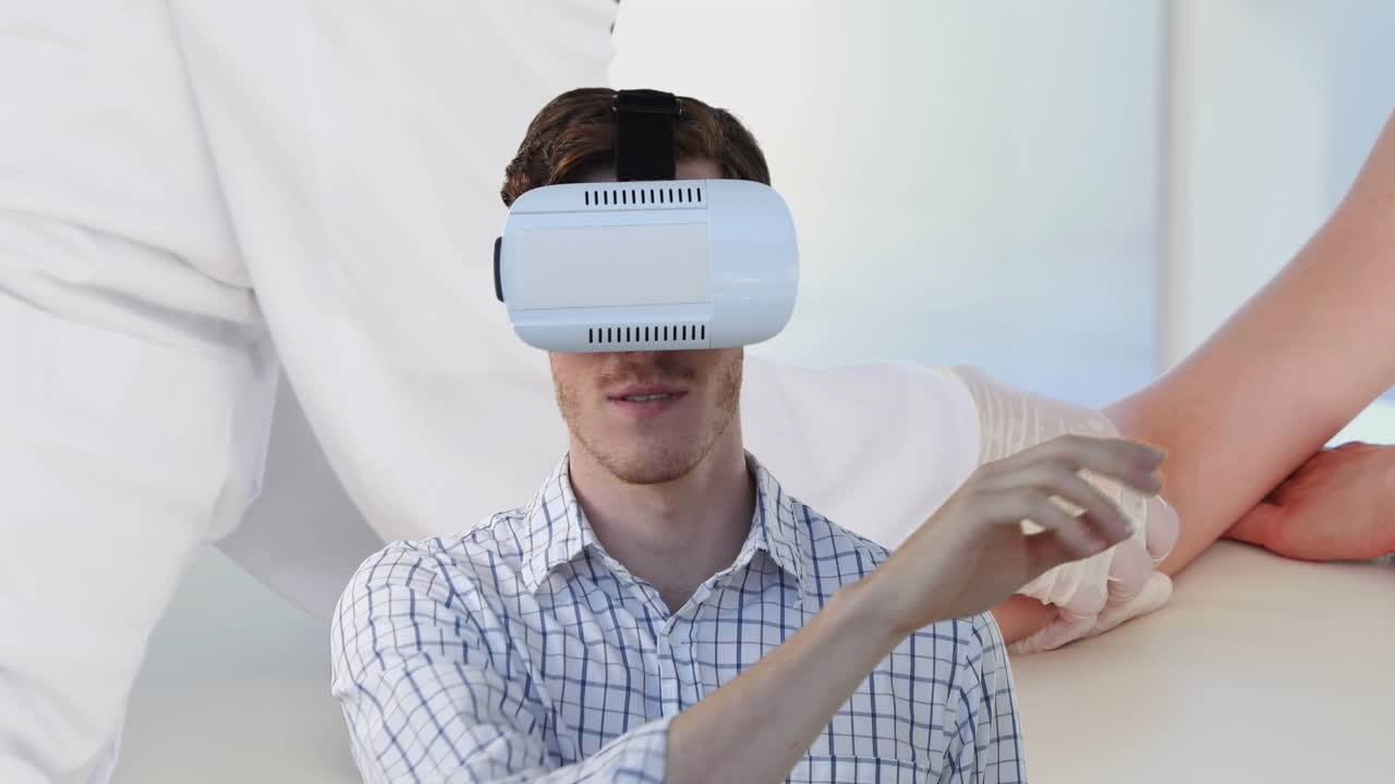 анимация мужчины, использующего vr-гарнитуру над врачом и пациенткой