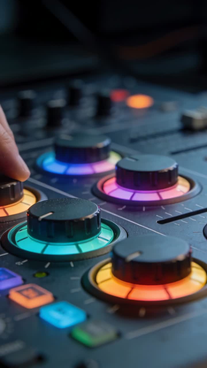 Primo piano di una mano che regola manopole colorate illuminate su un mixer da DJ