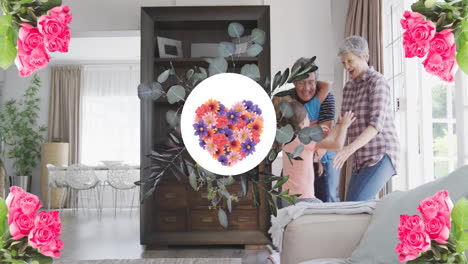 animación de corazón de flor en forma redonda sobre los abuelos y la nieta caucásicos felices