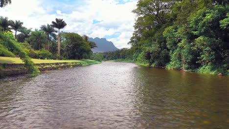 Aerial-shot-over-the-water-of-a-amazon-river-in-tropical-green-forest-with-mountains-in-background