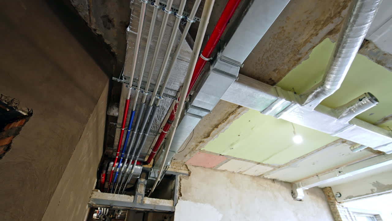 Newly made pipes and wires on the ceiling of the old building. Reconstruction of the house. Low angle view.