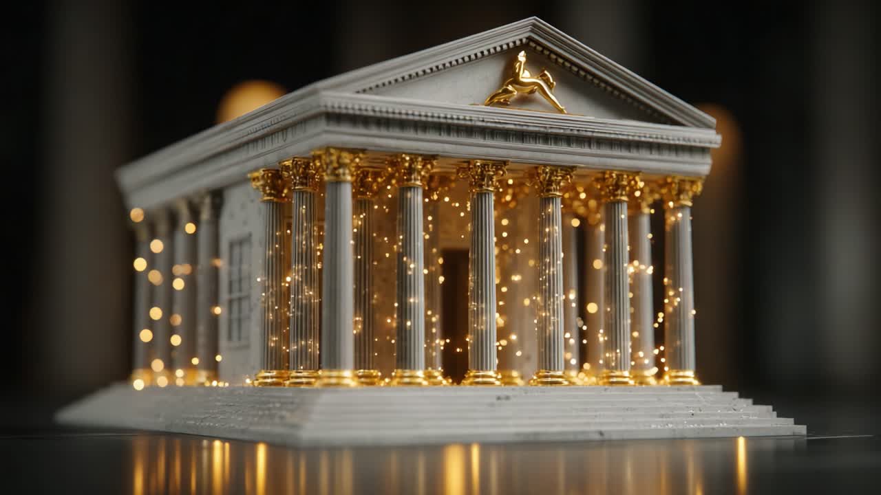 A Stunning Miniature Model of a Classical Building Featuring Golden Accents and Glimmering Lights that Captivates the Elegance of Architectural Design and Craftsmanship
