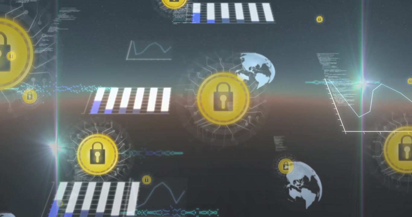 Animazione di lucchetti digitali con globi, codici di programmazione e grafici aziendali in movimento su sfondo astratto.