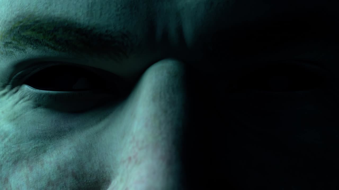 mirada amenazante aterradora de un hombre con ojos negros vacíos de primer plano. concepto de horror. animación facial de carácter de bucle sin costuras con iluminación cinematográfica. render 3d