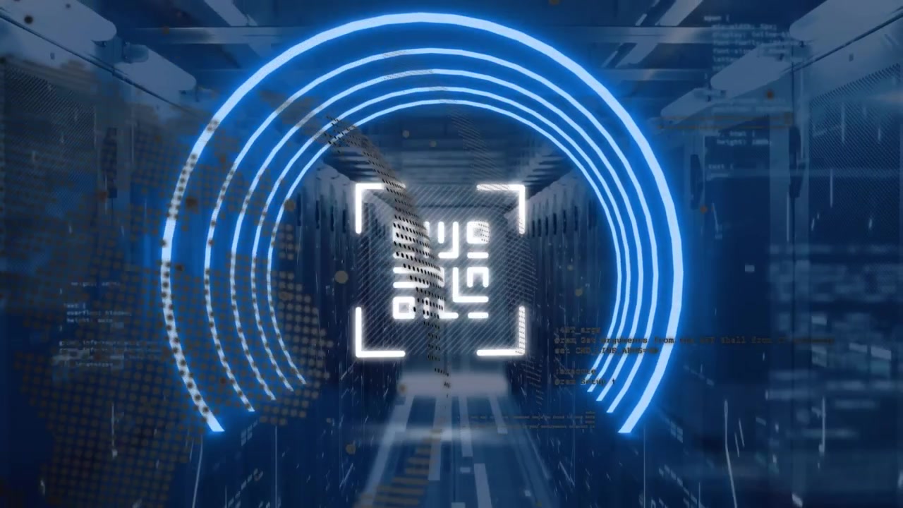 Animation of neon qr code in circles and globe over servers