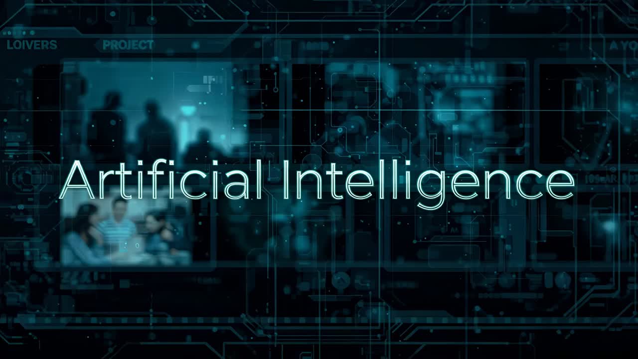 Starting interface displaying Artificial Intelligence title pulsing with fading figures, circuits