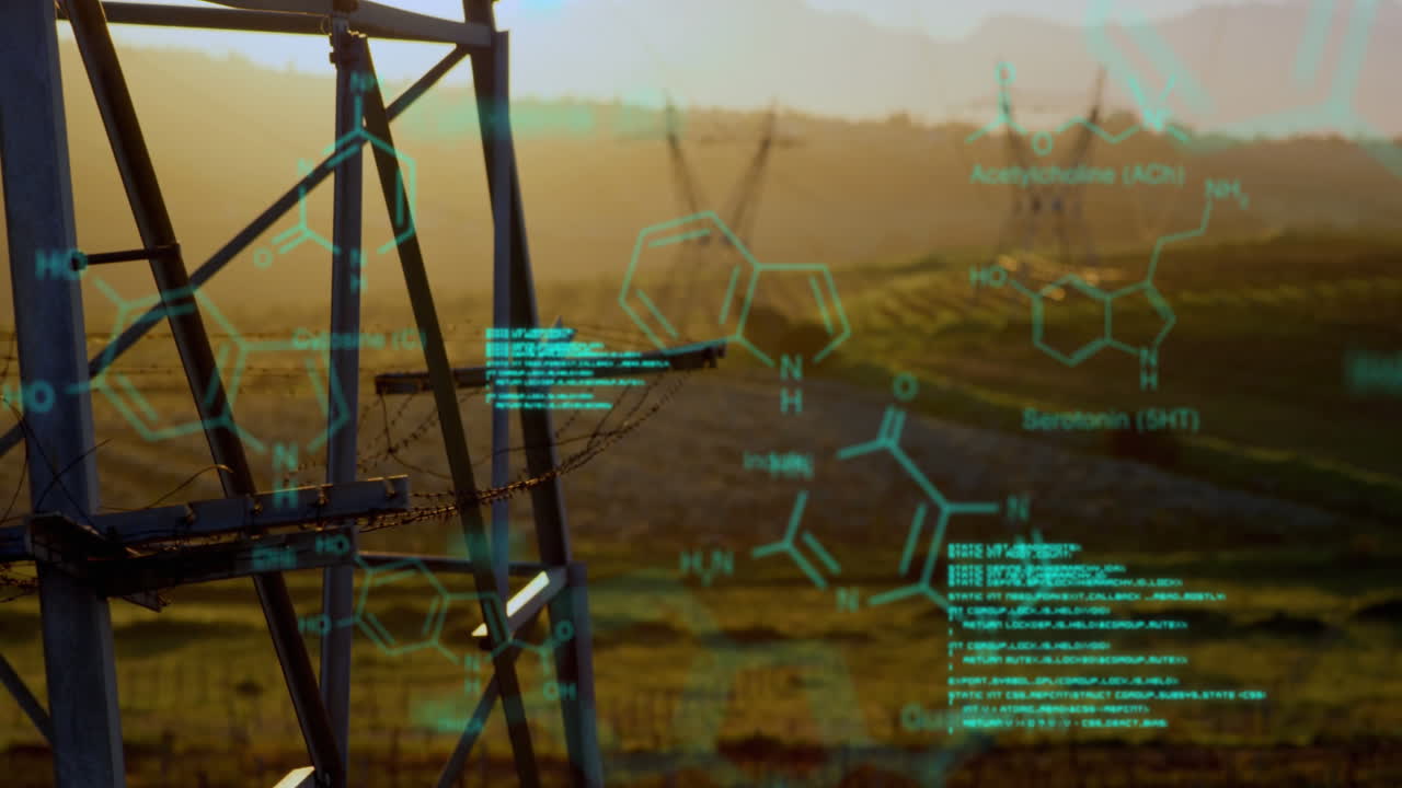 프로그램 코드와 송신 타워의 배경과 함께 화학 구조